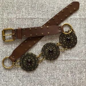Belt Shak Boho Western Brown Studded Leather Belt With 3 Front Medallions Size S